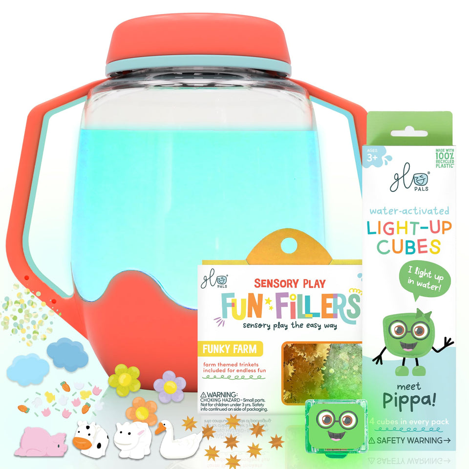 Glo Pals Barnyard Blast sensory jar lights up for calming playtime.