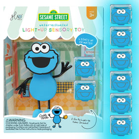 Glo Pals Cookie Monster water-activated cubes glow for engaging bath time play.