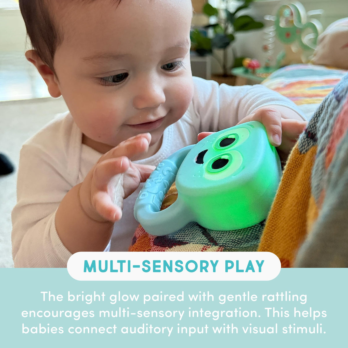 Glo Pals Durable Silicone Rattle endures countless play sessions for curious babies.
