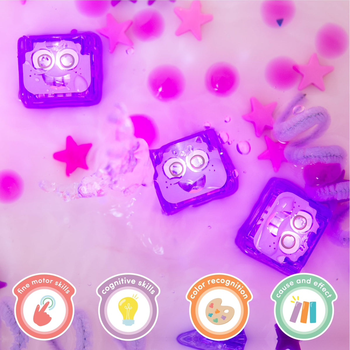 Glo Pals Lumi cubes in water invite cooperative bath time play.