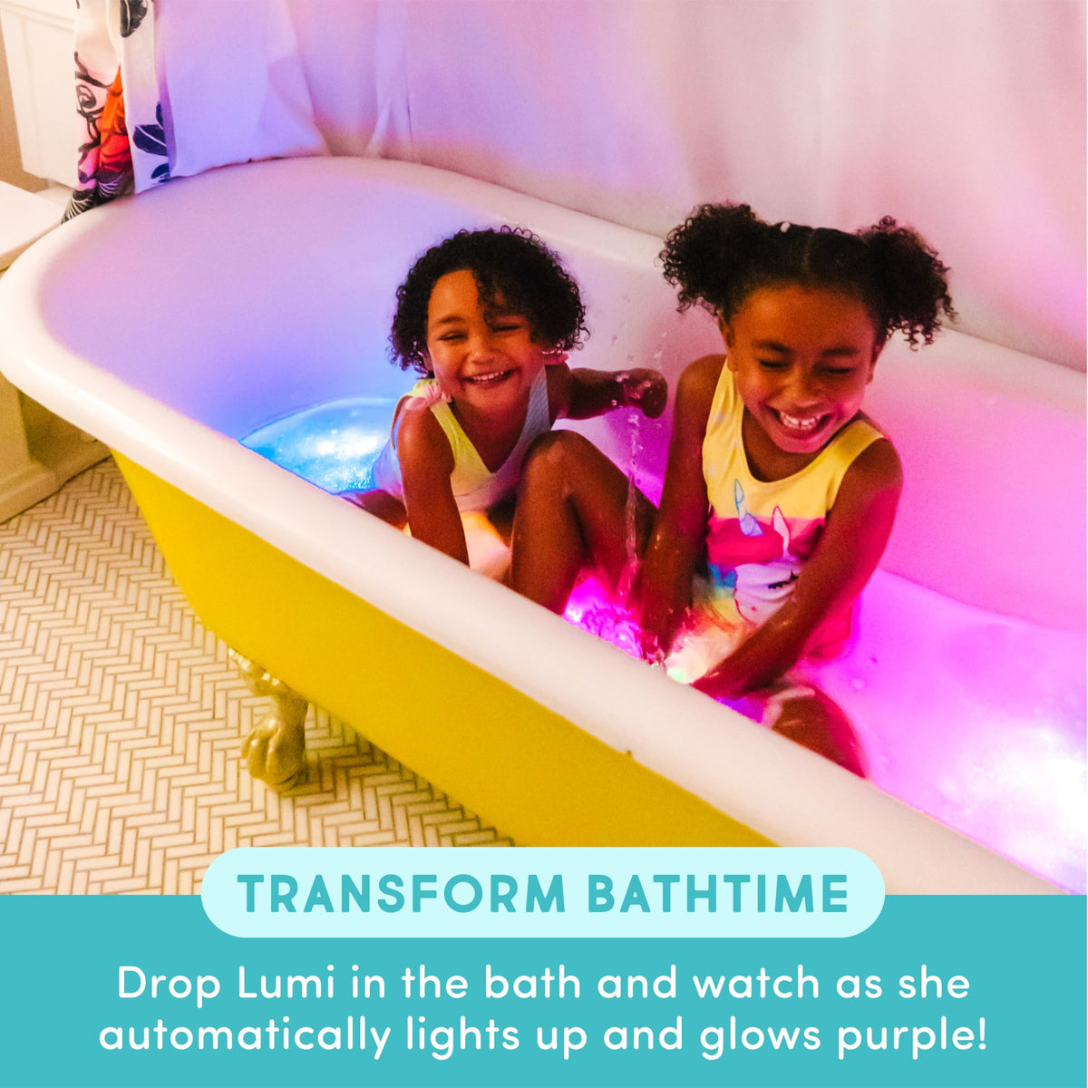 Glo Pals Lumi cubes glow in water for visual tracking during bath.