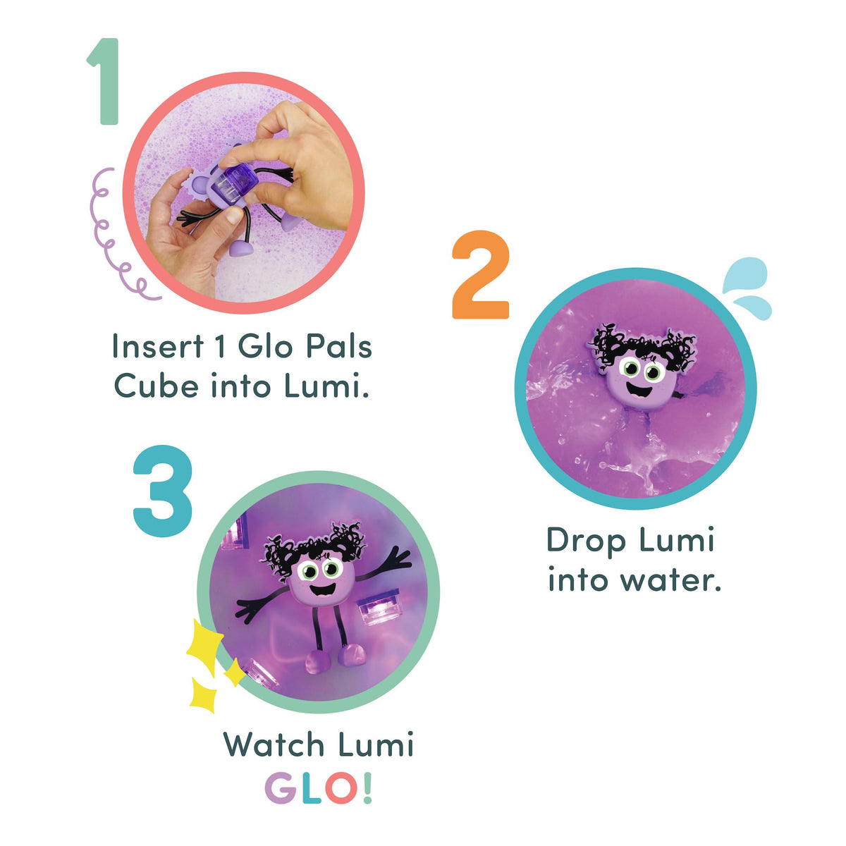 Glo Pals Lumi cubes demonstrate color changes for imaginative water play.