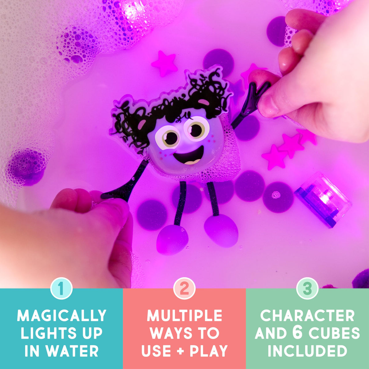 Glo Pals Lumi six reusable cubes provide colorful glow for playful bath learning.