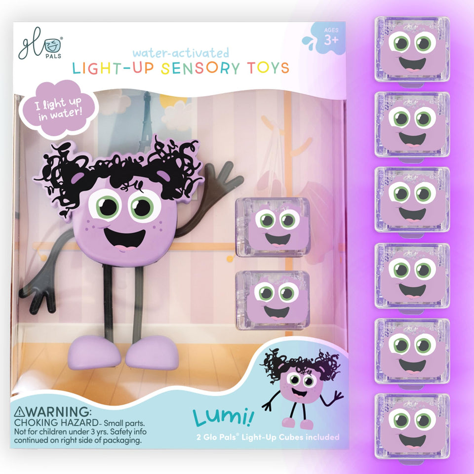 Glo Pals Lumi water-activated cubes glow to spark bath-time sensory play.