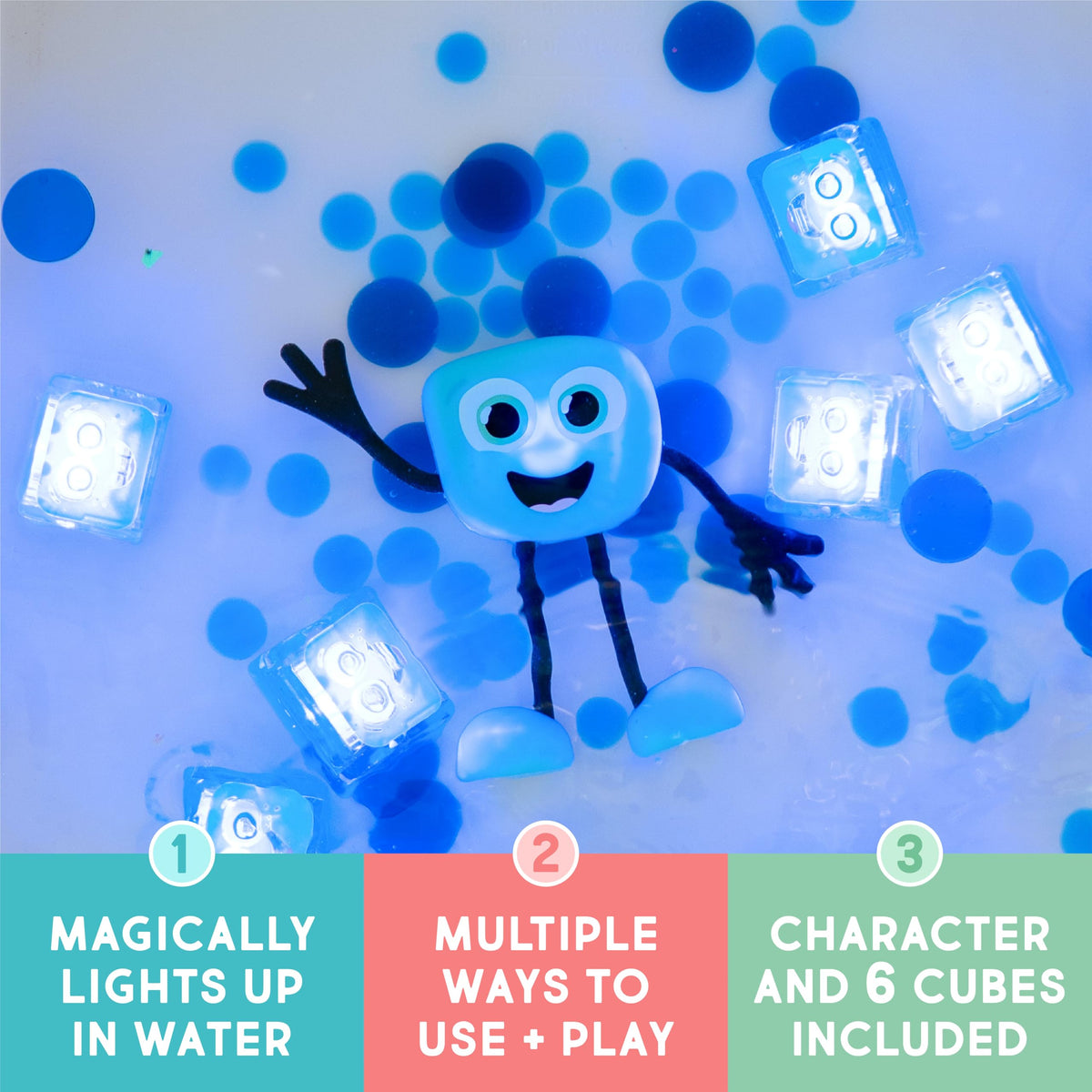 Glo Pals six cubes glow in the tub, making bath time more engaging