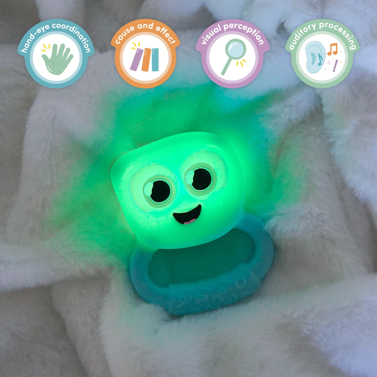 Glo Pals Tummy Time Glow Rattle encourages lifting and reaching with subtle rattling sounds.