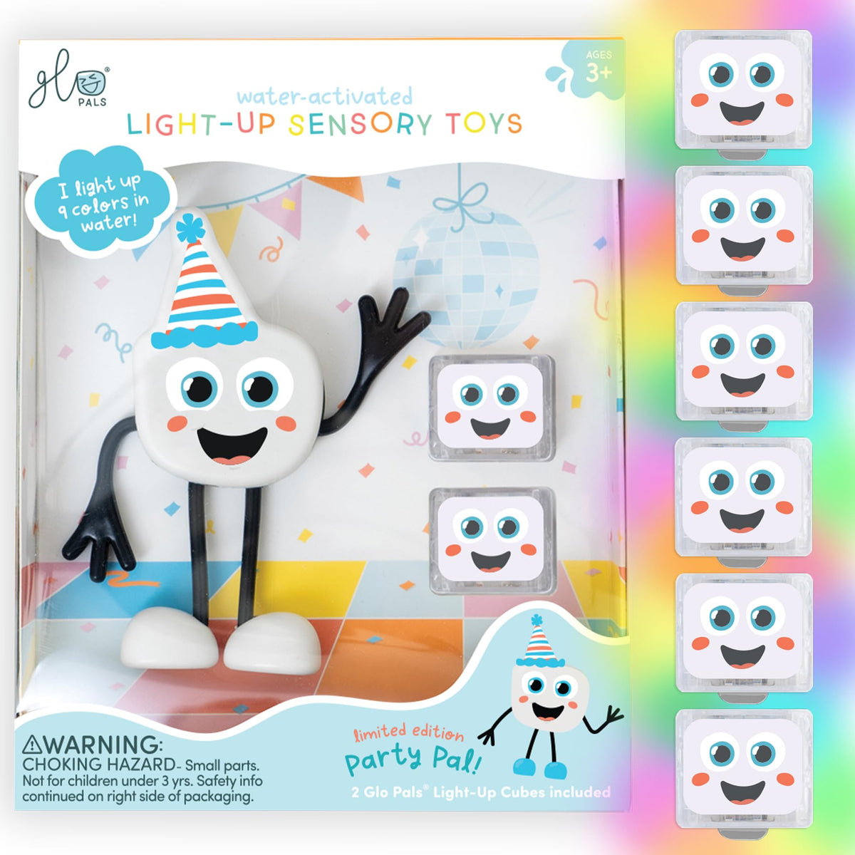 Glo Pals water-activated bath toy cubes glow during bath time for sensory exploration.