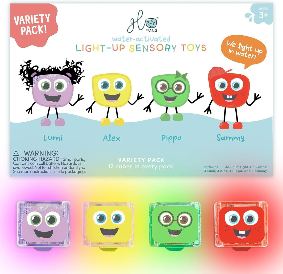 Glo Pals water-activated cubes for bath time sensory play.