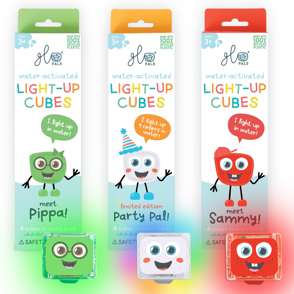Glo Pals water-activated cubes in Holly Jolly colors for sensory play.