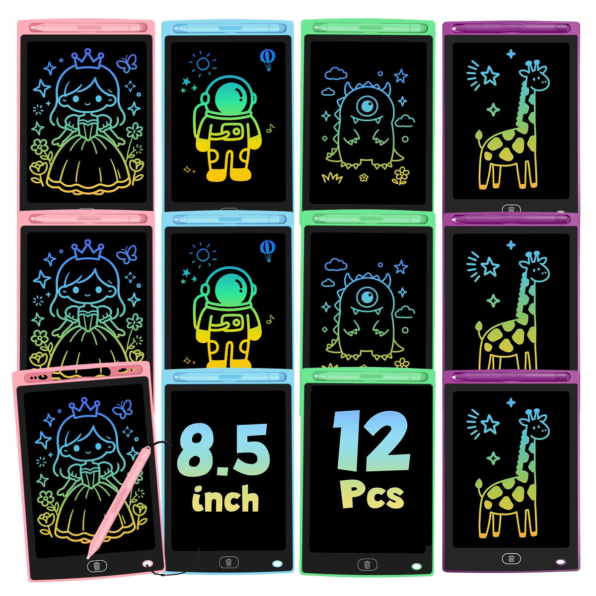 Glochin 12-pack LCD writing tablet front view for quiet, screen-free learning.