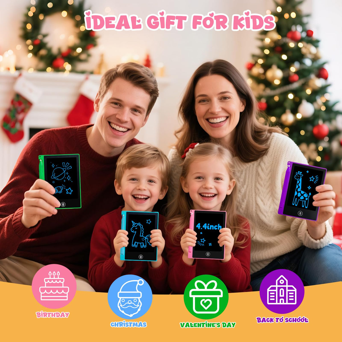Glochin mini LCD tablet in a child’s hands, easy erasing for reuse.