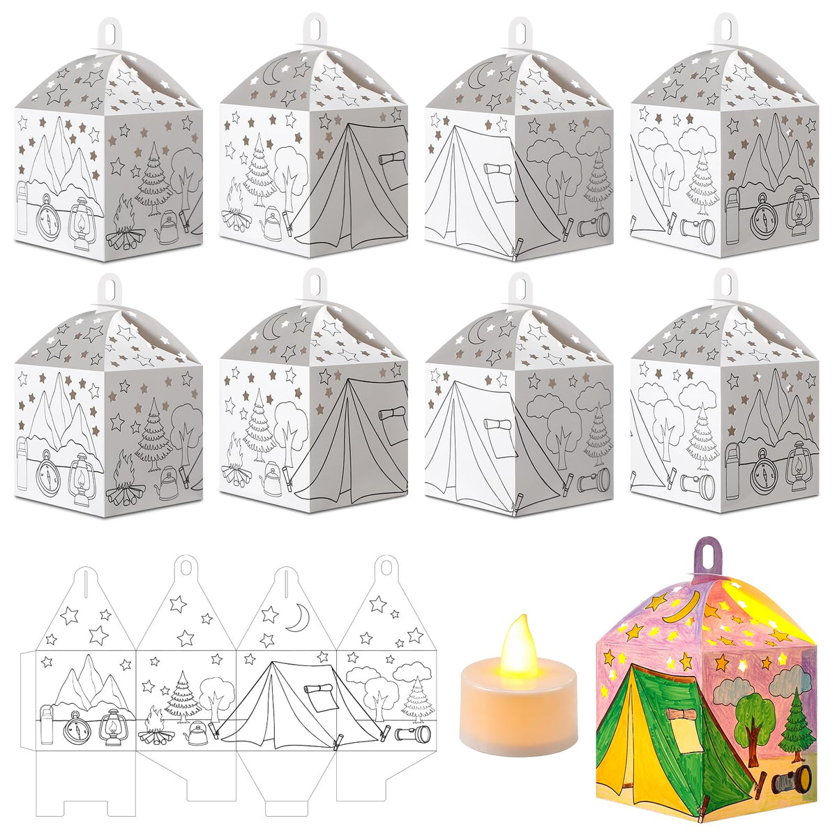 Glooglitter camp lantern kit—36 pieces for colorful DIY luminaries at summer camps.
