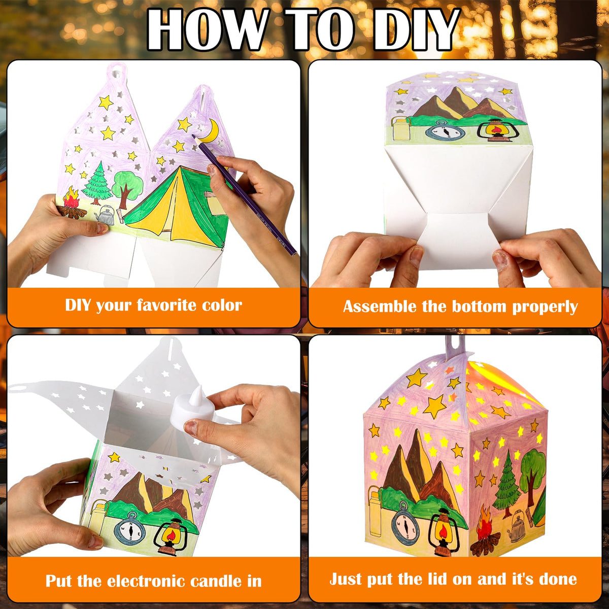 Glooglitter color-your-own-lantern-patterns—kids personalize camp designs with markers and paints.
