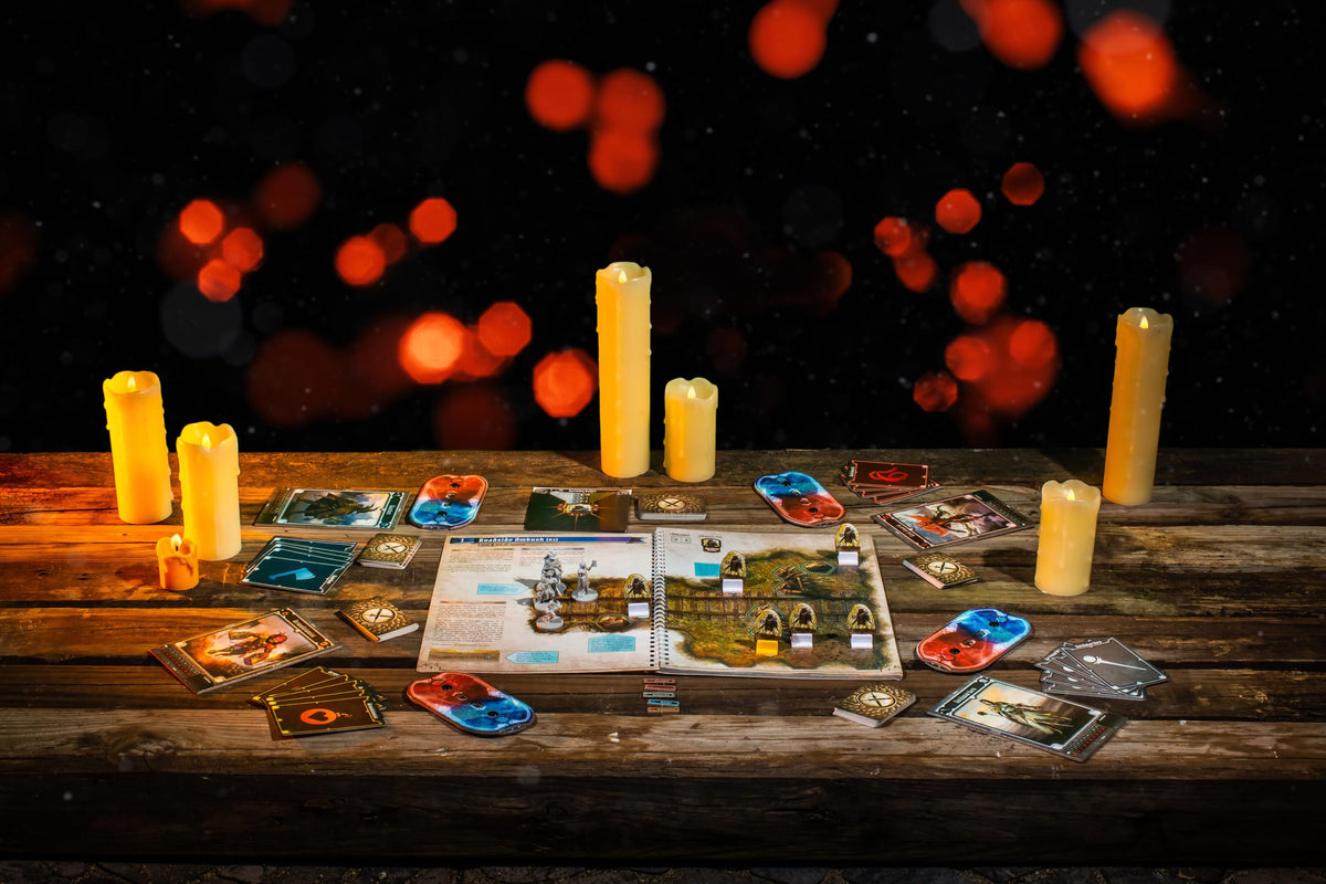 Gloomhaven Jaws of the Lion miniatures on table showcase four mercenaries in action