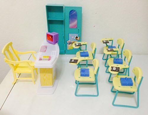Gloria dollhouse teaching desk with accessories; enhances scene realism.