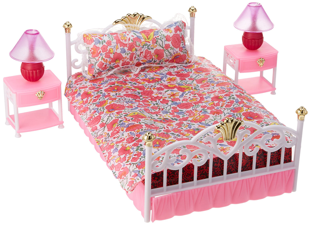 Gloria new bedroom play set with bed lamps for Barbie-size dolls, adds cozy ambiance and stylish details.