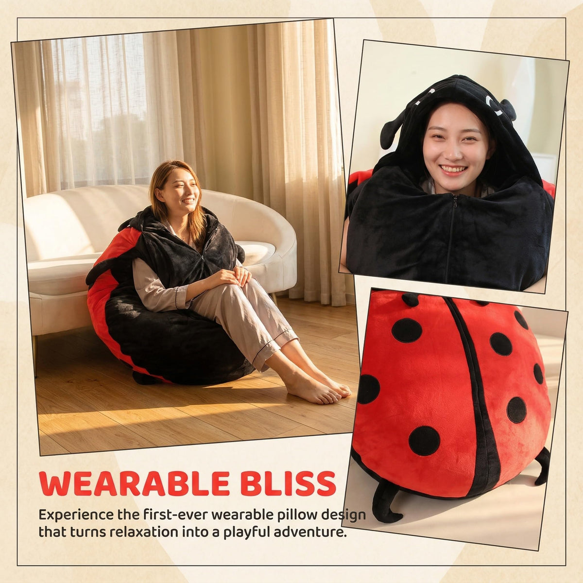 GLOTOYS giant ladybug shell pillow close-up highlighting soft plush and durable fill.
