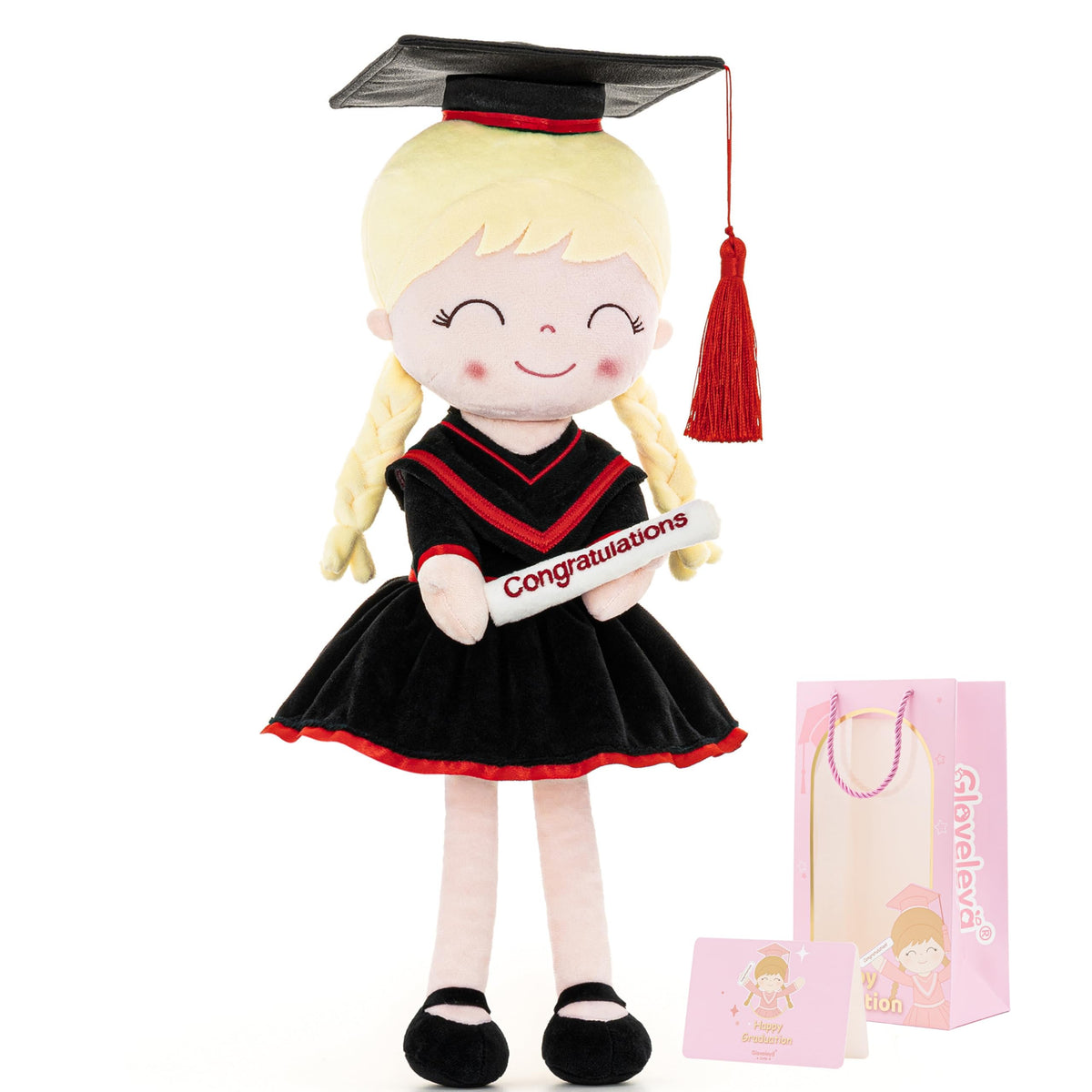 Gloveleya 16-inch black graduation doll in cap and gown, perfect keepsake for Class of 2026.