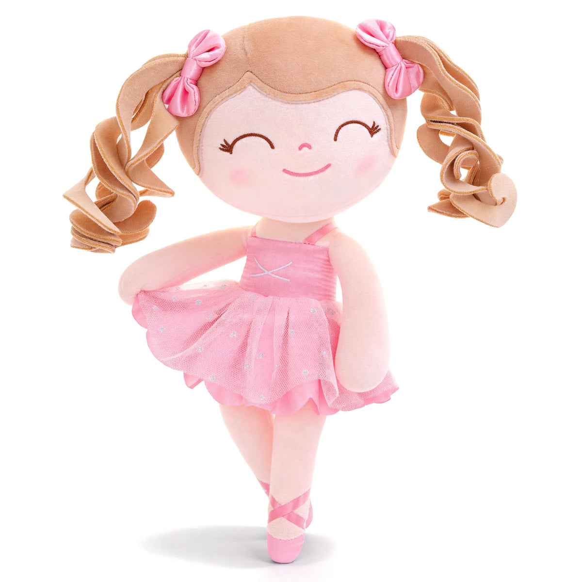 Gloveleya Baby Doll with curly hair and pink dress, ideal for imaginative play.
