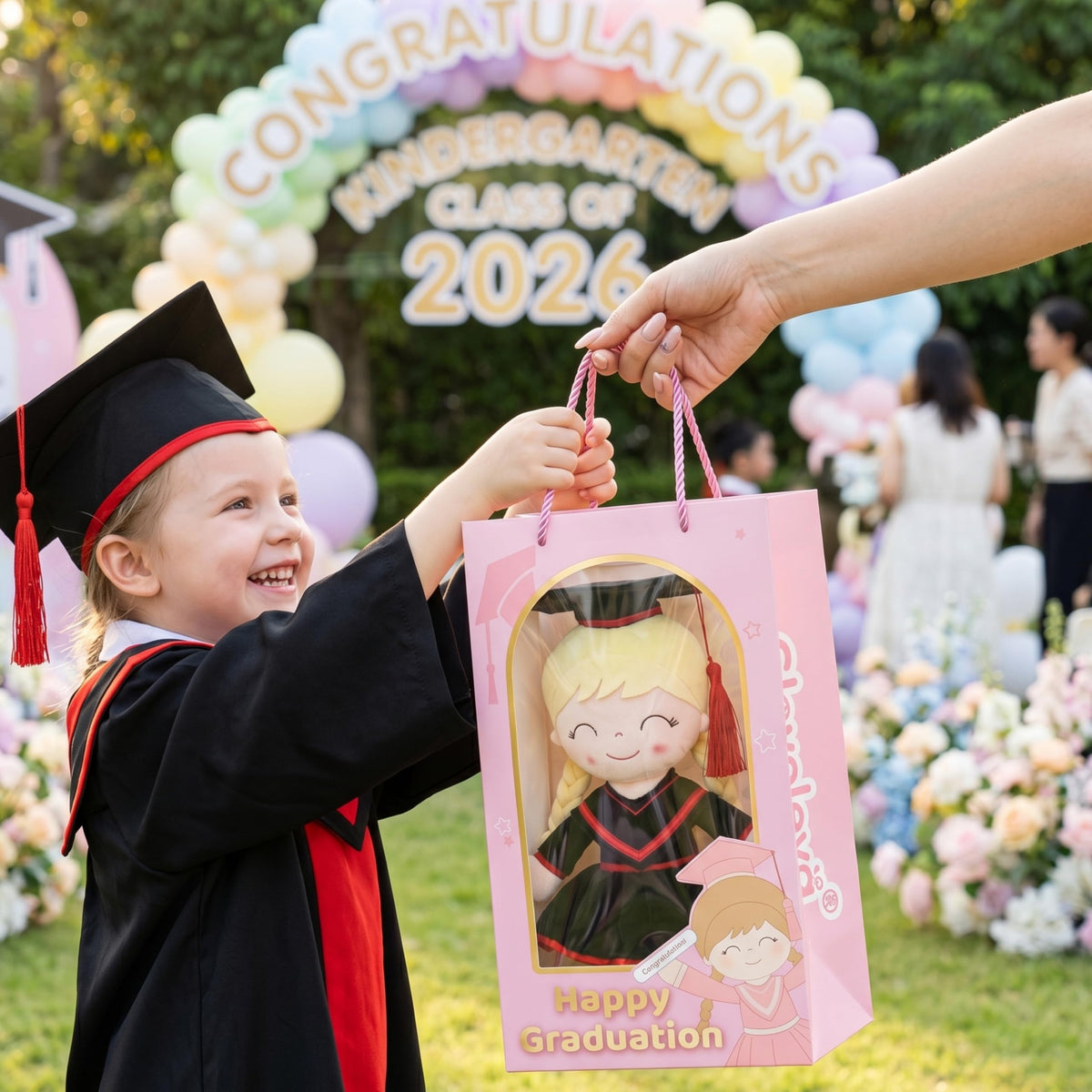 Soft plush texture of Gloveleya graduation doll for cuddling and play.