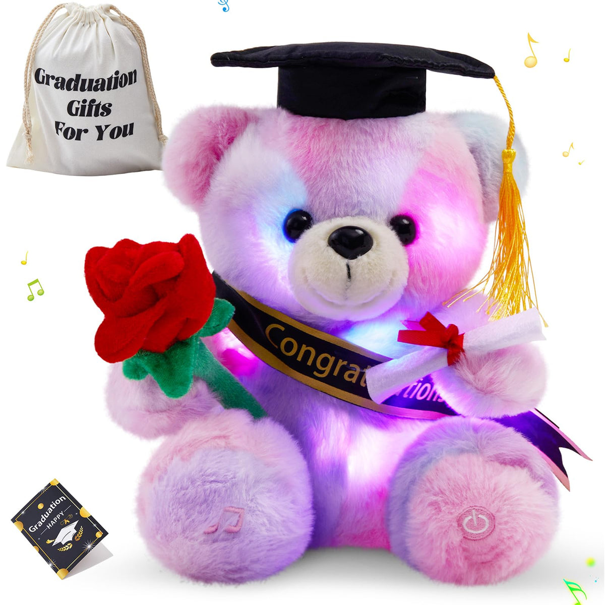 Glow Guards graduation bear cap-diploma glow softly for display.