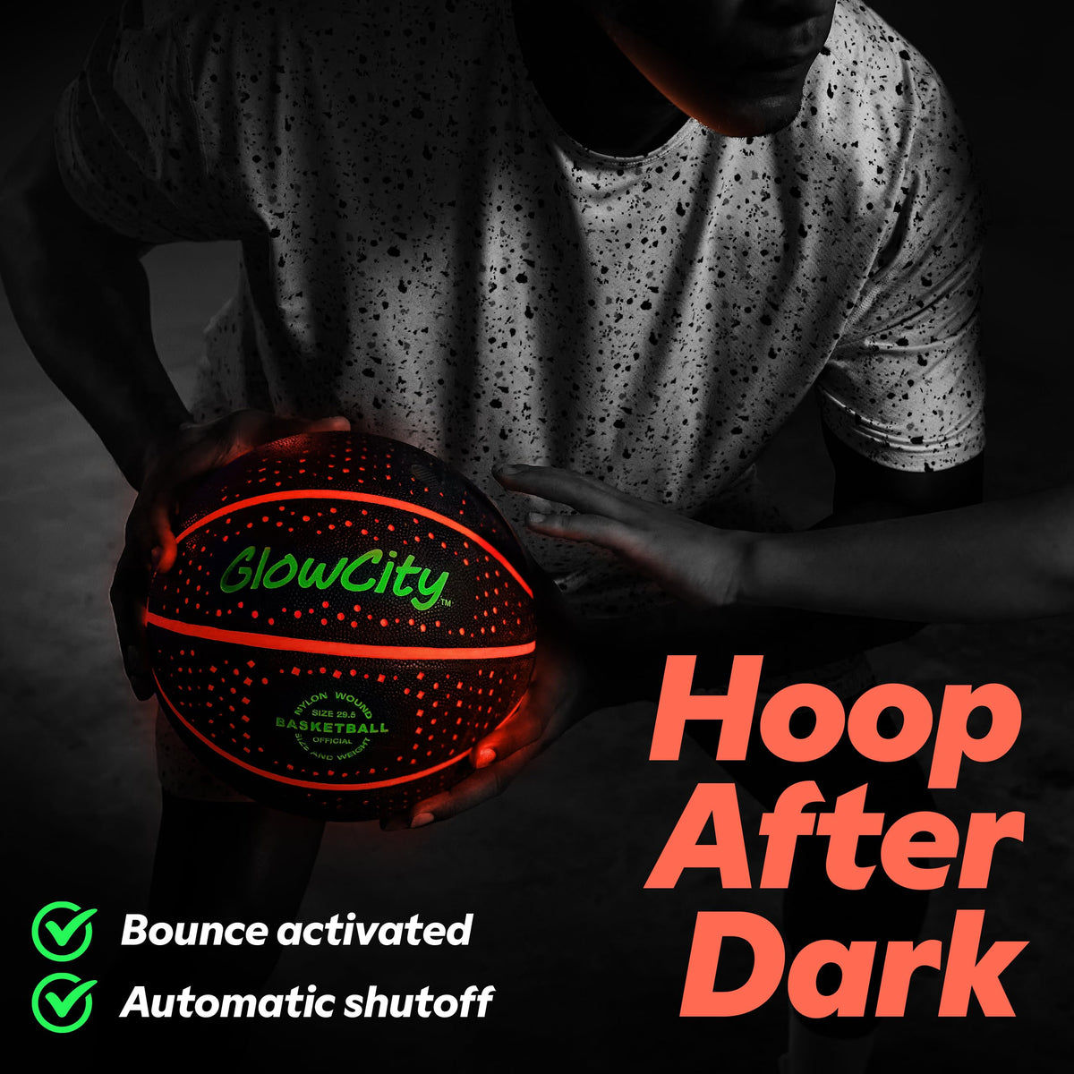 GlowCity Glow in the Dark Basketball with red LED bounce action for night play