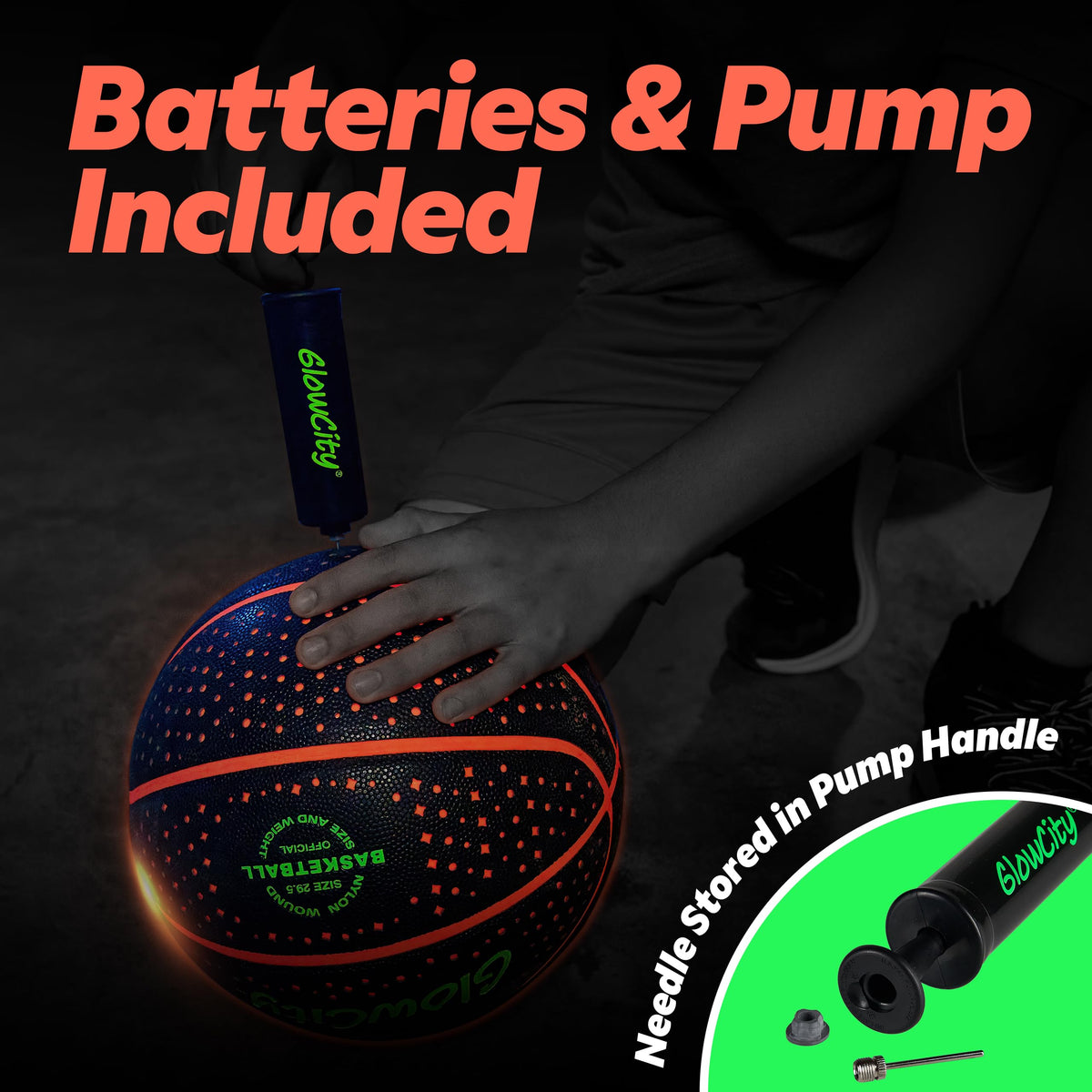 GlowCity Glow in the Dark Basketball in-hand view shows durable rubber for outdoor use