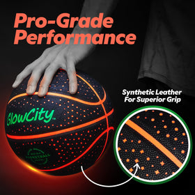 GlowCity Glow in the Dark Basketball at a night court with visible red glow