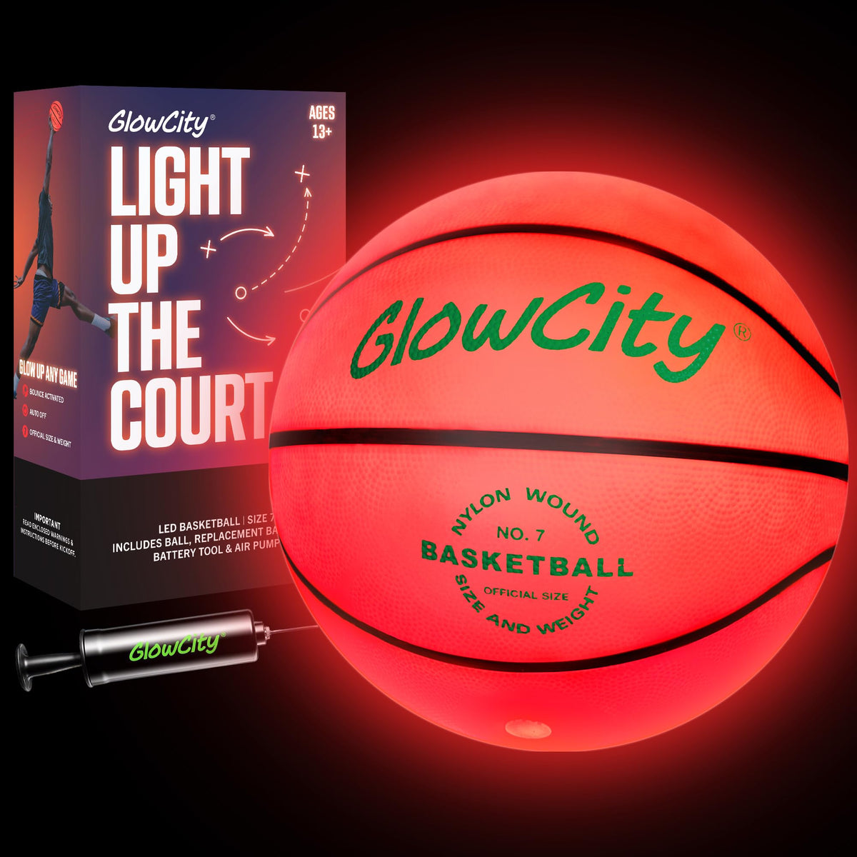 GlowCity glow-in-the-dark basketball emits red light for night outdoor play.
