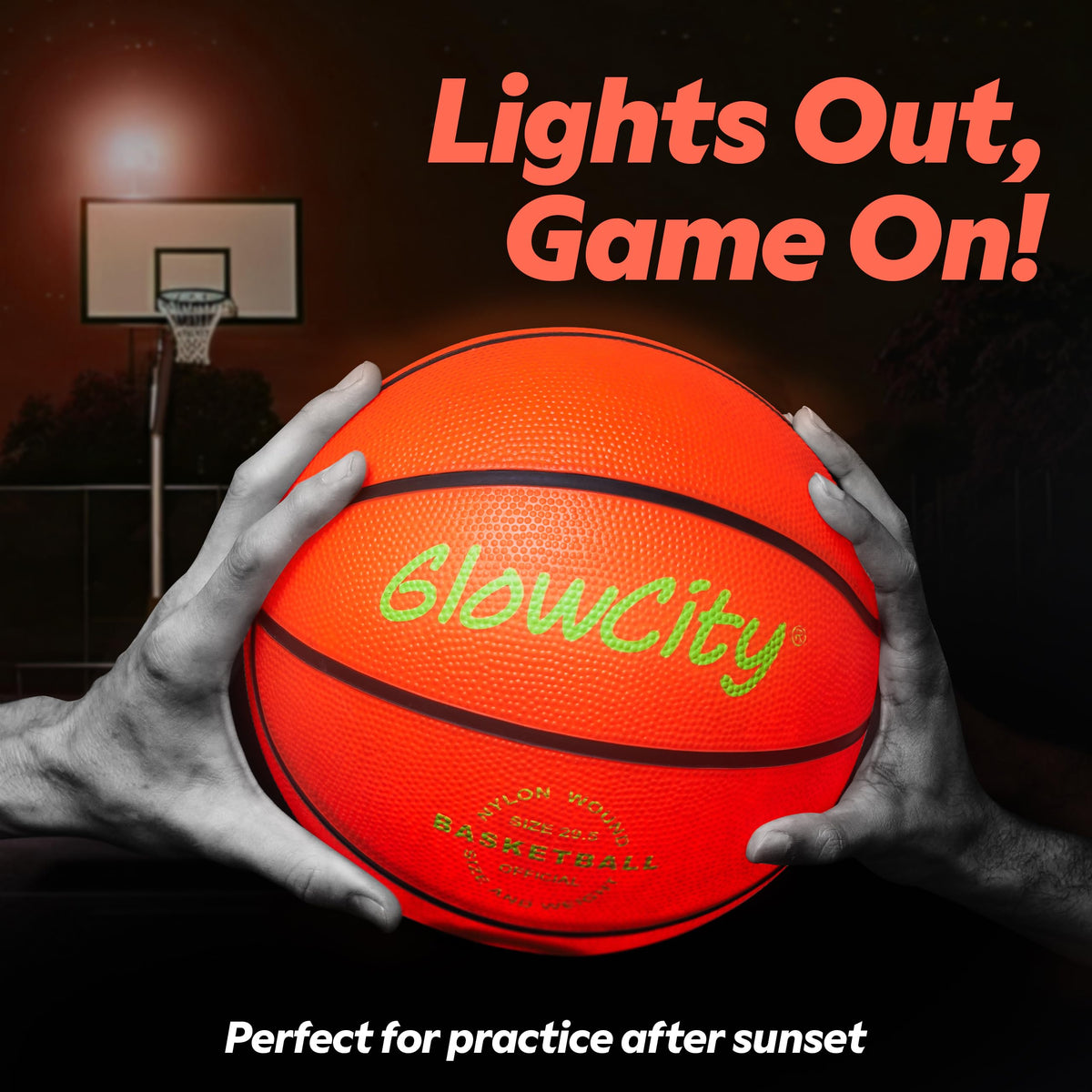 GlowCity glow-in-the-dark basketball Size 7 label on front.