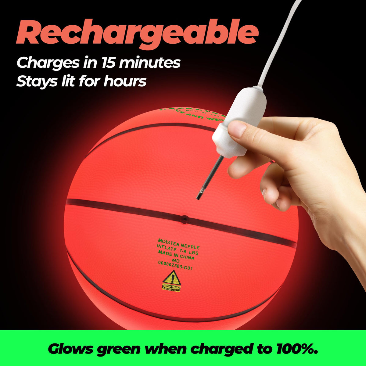 GlowCity Light Up Basketball with USB charging cable for quick recharges
