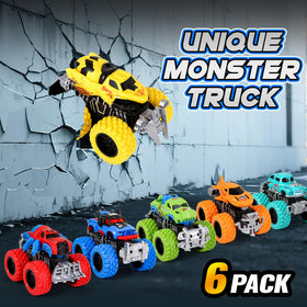Gloween Monster Trucks push-and-go mechanism highlights easy start for kids.
