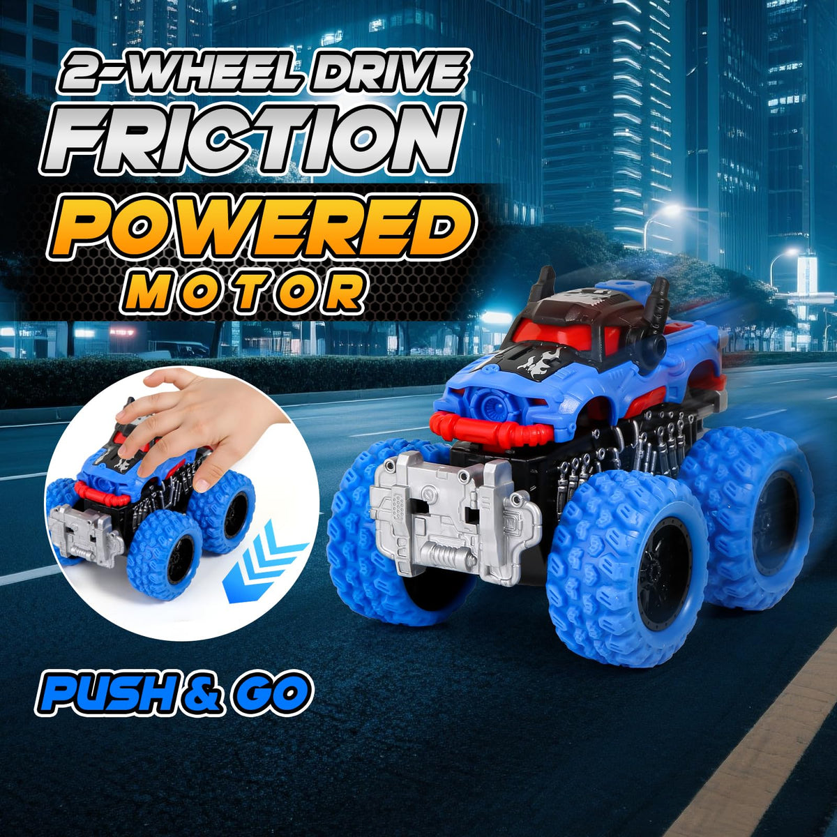 Gloween Monster Trucks rubber wheels close-up demonstrates grip on indoor and outdoor play.