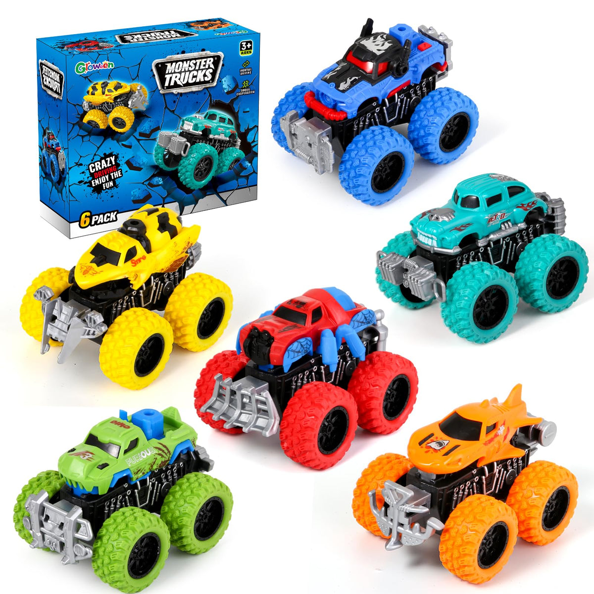 Gloween Monster Trucks six-pack front view shows bold colors for action play.