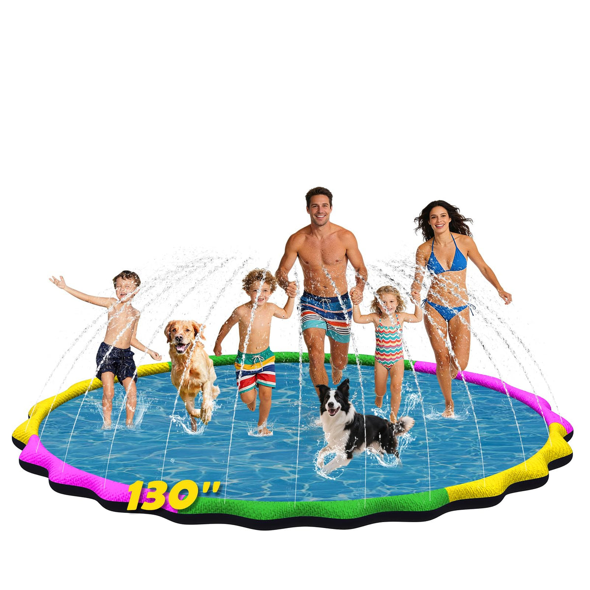 Glowpoint 130-inch splash pad in backyard setup for refreshing family fun.