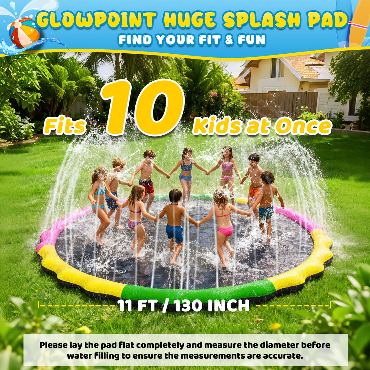 Glowpoint 130-inch splash pad dogs enjoying a playful splash in the yard.