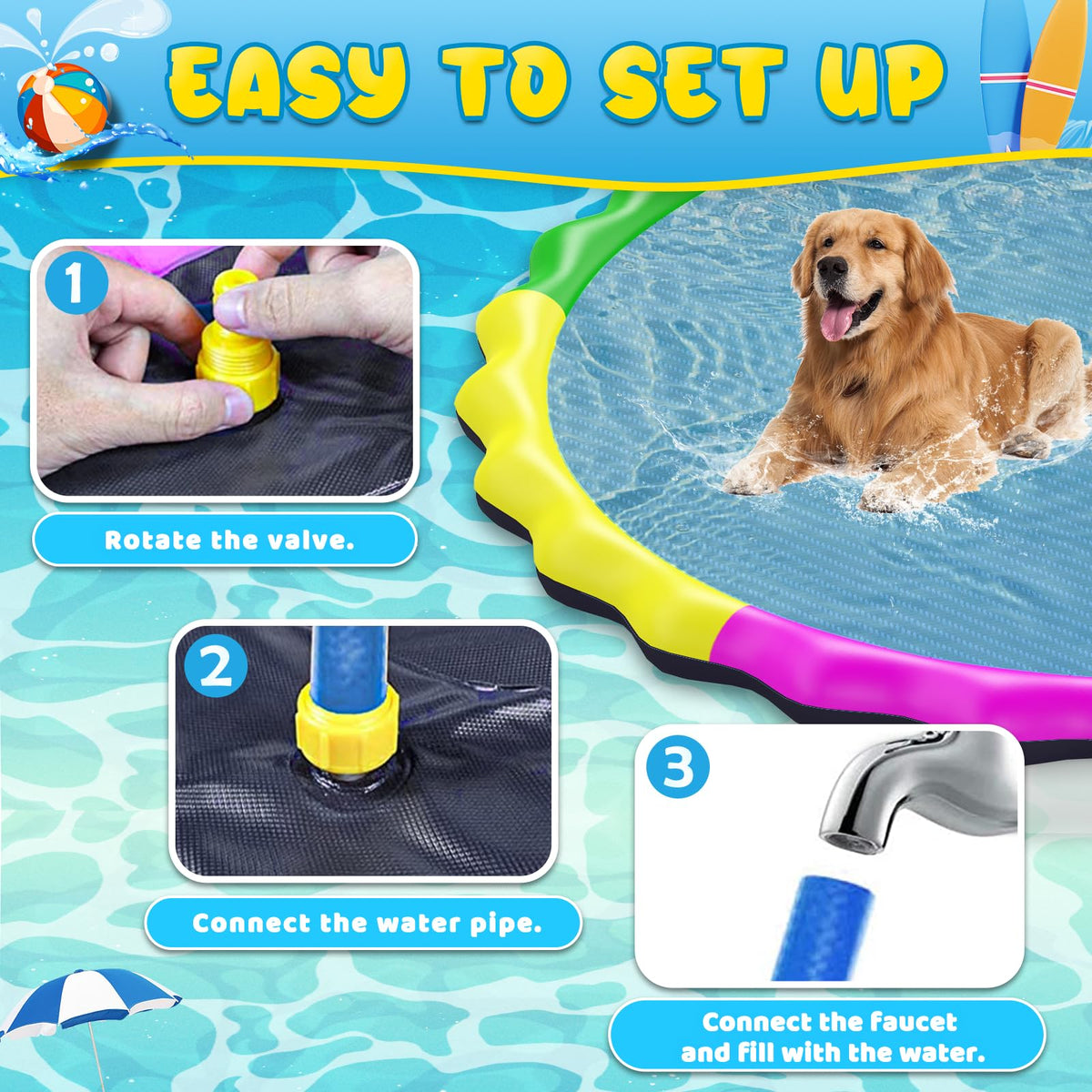 Glowpoint 130-inch splash pad hose connection enables adjustable spray height.