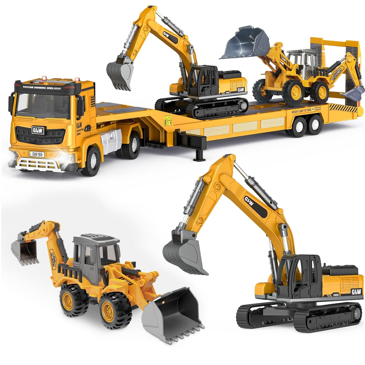 GLW construction carrier trucks excavator front view for realistic pretend play