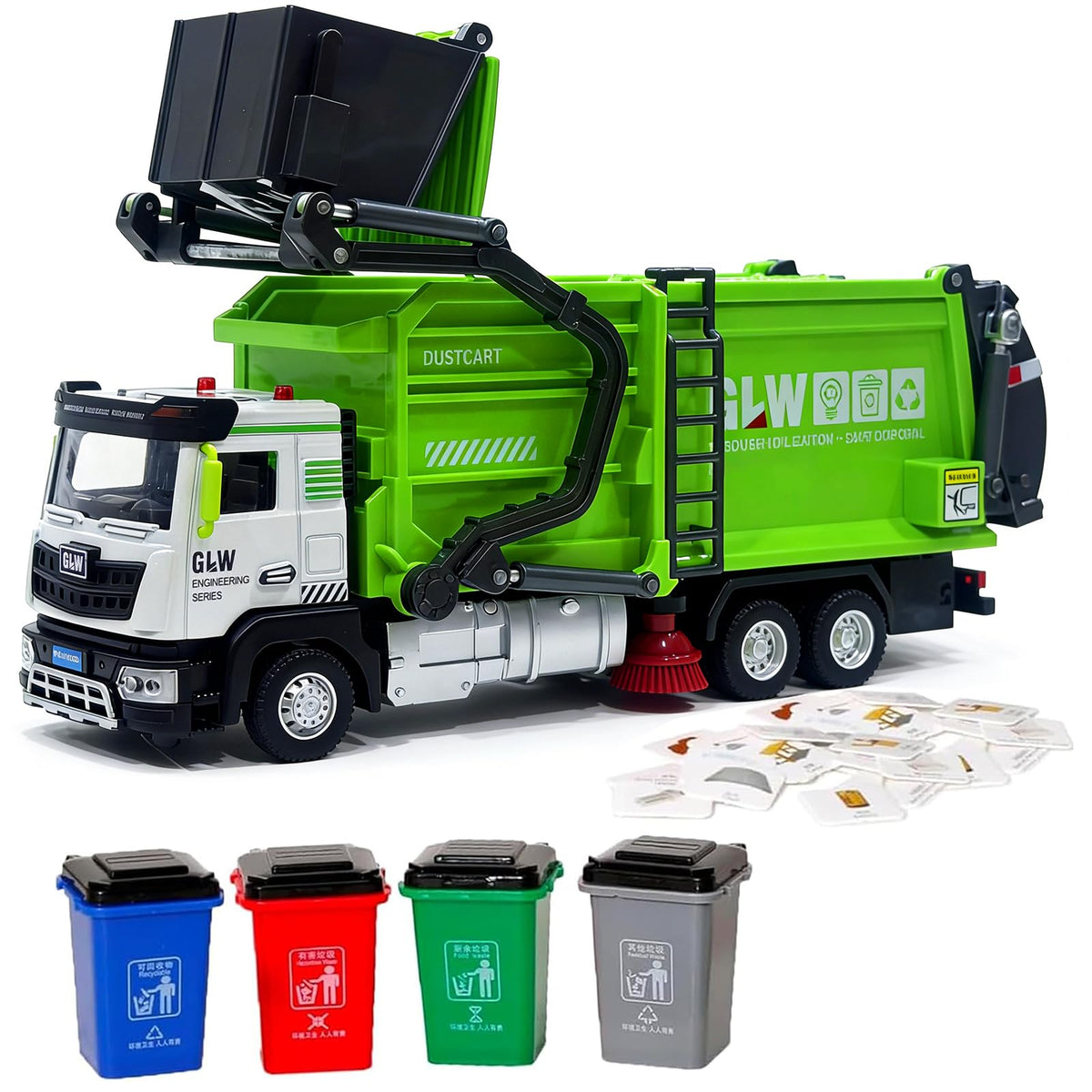 GLW Toddlers Garbage Truck toy, front dumper in action for realistic waste collection play.
