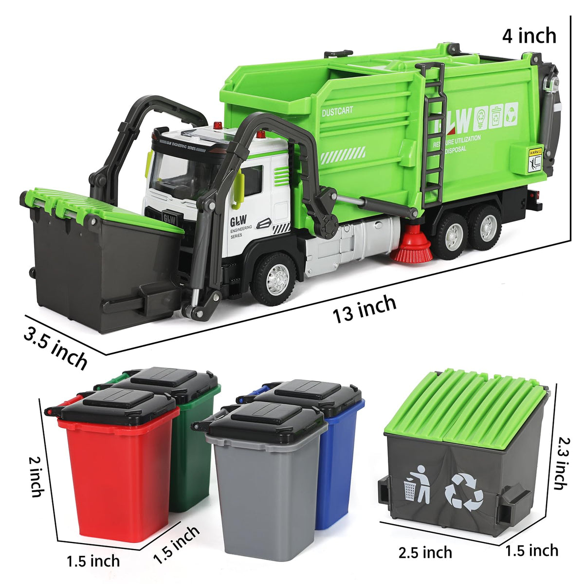 GLW Toddlers Garbage Truck toy, rear bin dumping supports hands-on sorting practice.