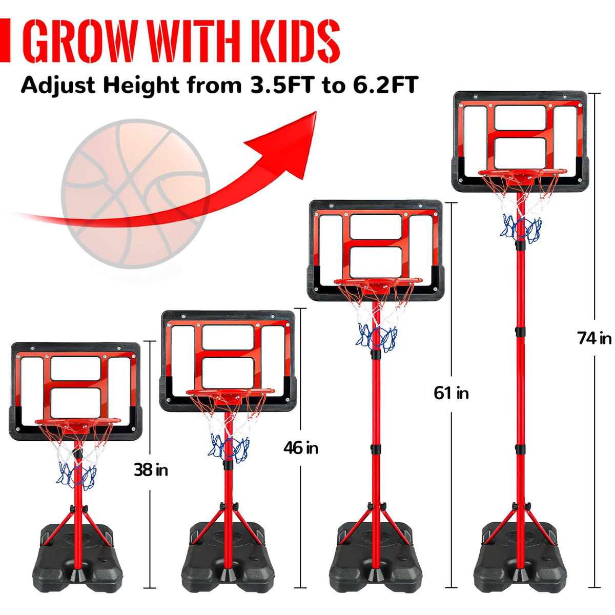 GMAOPHY adjustable height range from 3.5ft to 6.2ft suits growing kids.