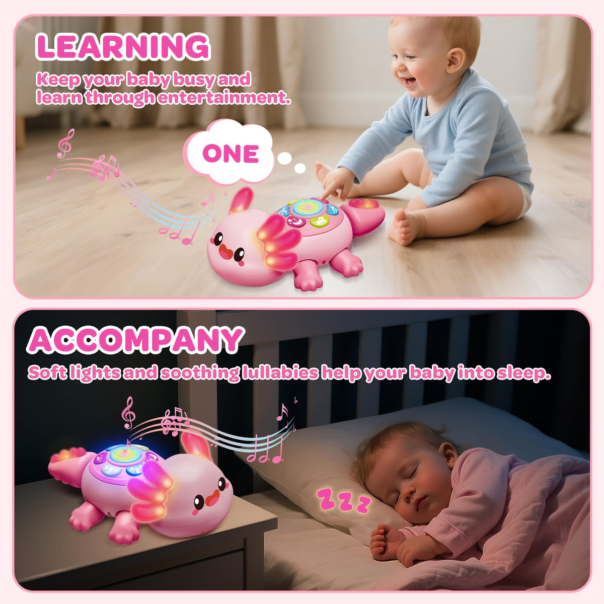 GMAOPHY axolotl toy teaches ABCs and numbers through visuals.