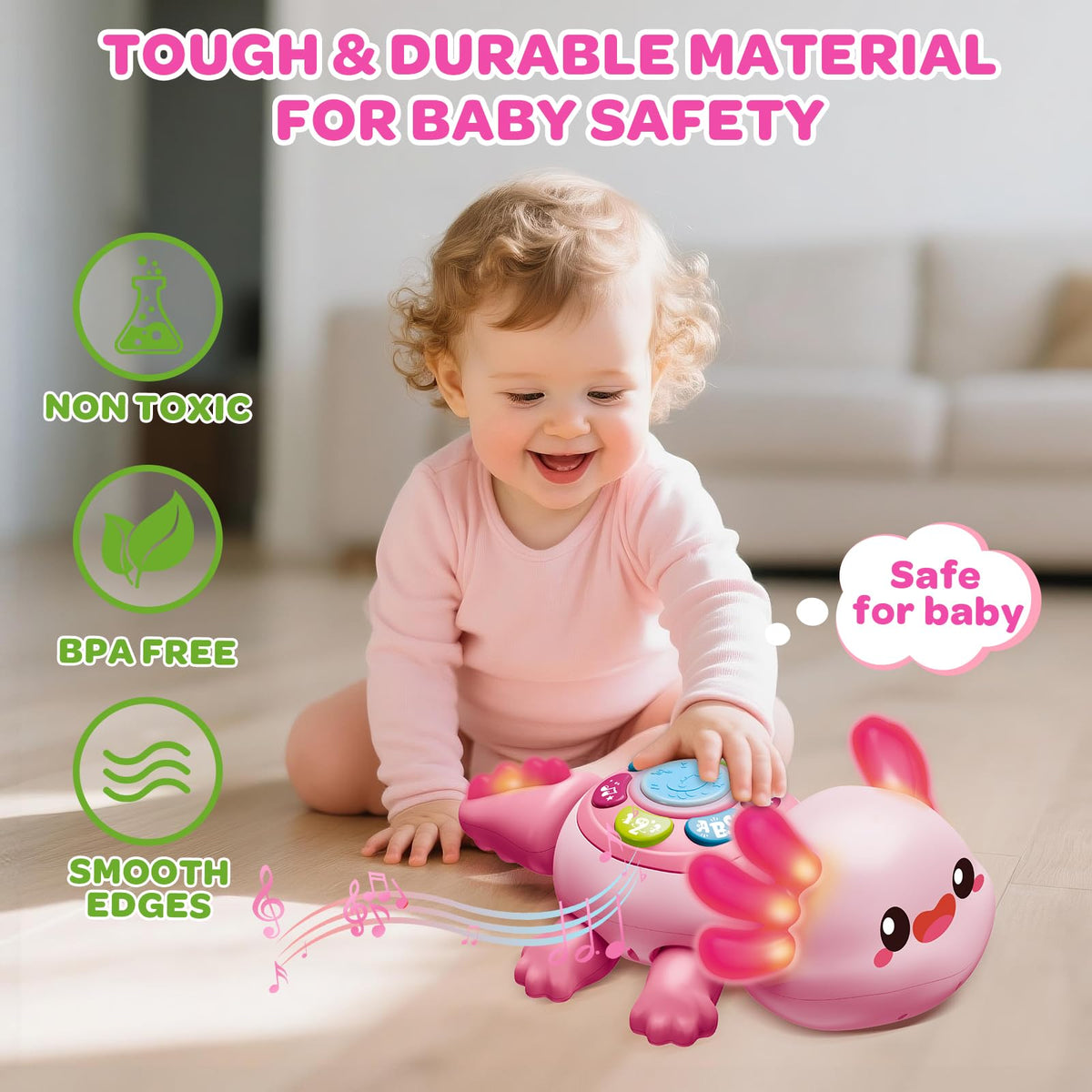 GMAOPHY axolotl toy buttons and lights amplify sensory play.