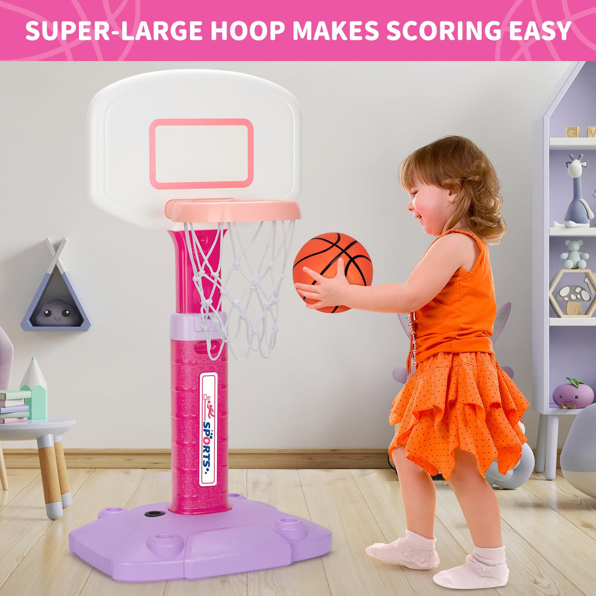 GMAOPHY ball pump included for quick setup of the toddler hoop.