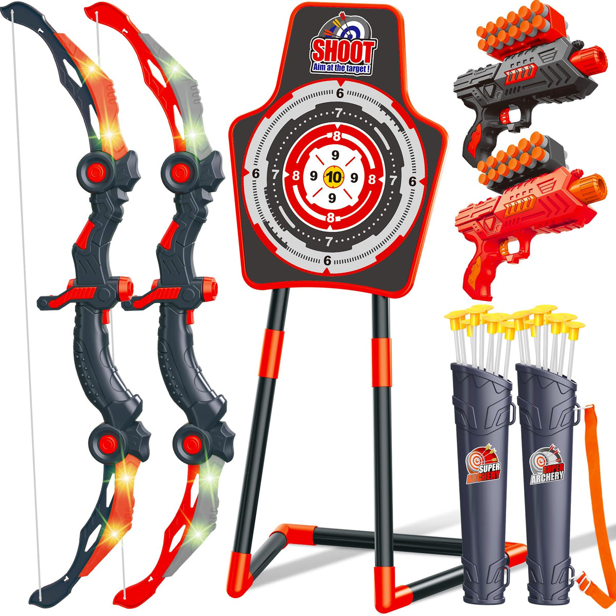 GMAOPHY bow and arrow LED archery set shines at night for easy target scoring.