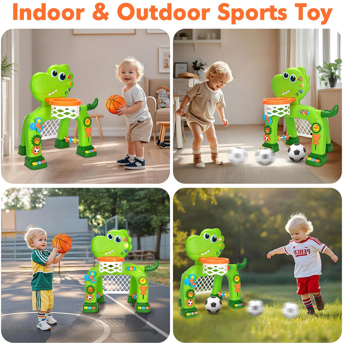 GMAOPHY dinosaur soccer goal setup for toddlers promoting leg movement and aim.
