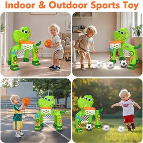 GMAOPHY dinosaur soccer goal setup for toddlers promoting leg movement and aim.
