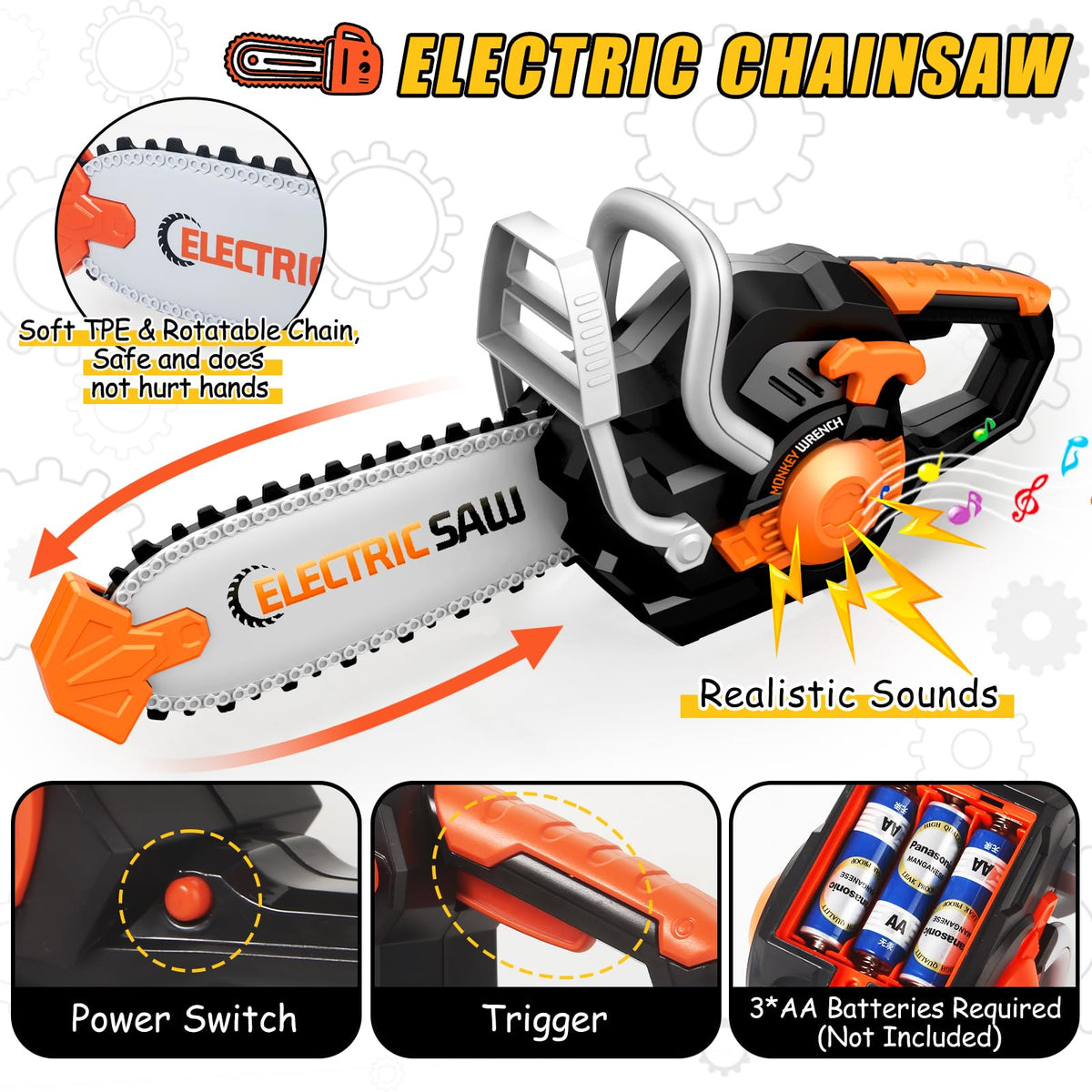 GMAOPHY electric chainsaw toy with rotating chain and engine sounds