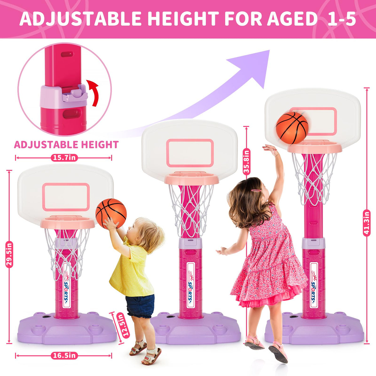 GMAOPHY height adjustable hoop in action for growing kids during playtime.