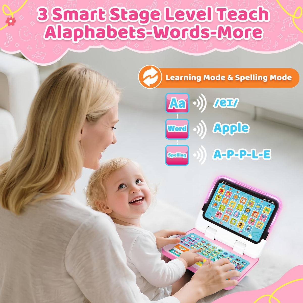 GMAOPHY laptop helps kids learn letters, numbers, and colors through interactive play.